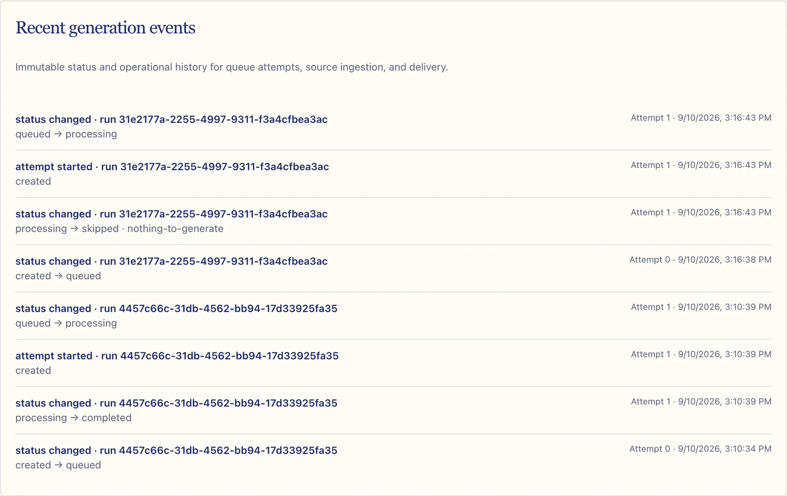 Recent generation events showing a demo reading list run