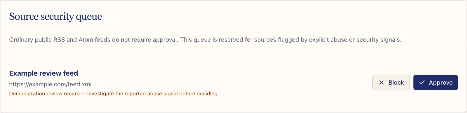 Source security queue with a fictional review record
