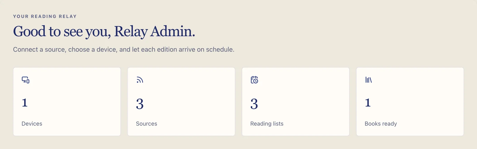 Dashboard with reading lists, devices, and the EPUB library