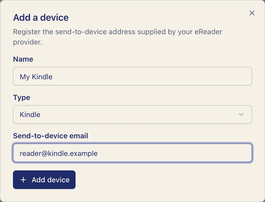 Add a device form with an example Kindle address