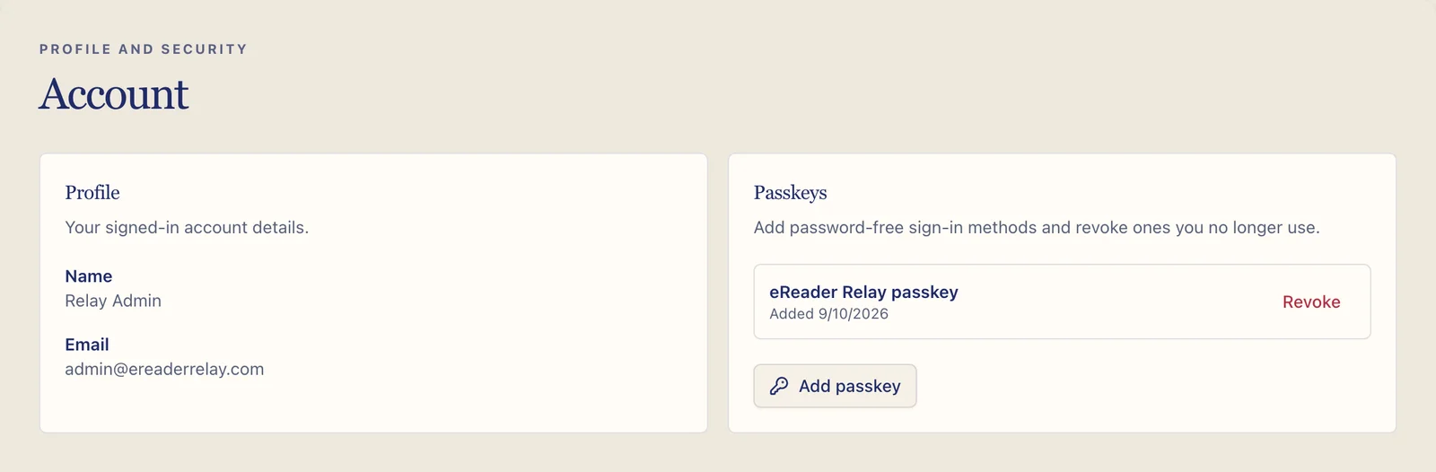 Account page with a registered eReader Relay passkey