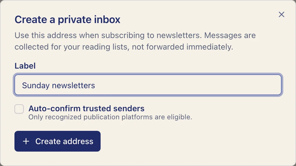 Create a private inbox dialog with label and automatic confirmation setting